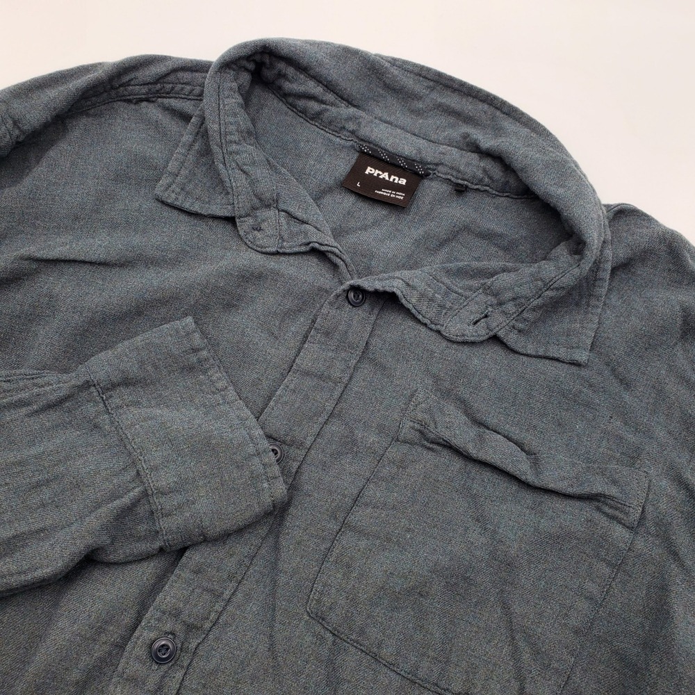 Prana Mens Organic Cotton Flannel Long Sleeve Button Down Shirt Blue Grey L